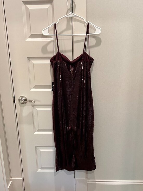 Express Burgundy Sequin Spaghetti Strap Midi Dress - Picture 2 of 11